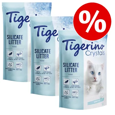 Tigerino Crystals Silikatkattegrus Classic, let, lugtbindende, hæmmer bakterievækst, støvfri. Stort rødt procenttegn for rabat.