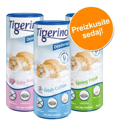 Tigerino Deodoriser Cat Litter Freshener, trije okusi: Baby Powder, Fresh Cotton, Spring Fresh, 700 g. Besedilo na oranžnem krogu: Preizkusite sedaj! Tigerino Deodoriser Cat Litter Freshener, trije okusi: Baby Powder, Fresh Cotton, Spring Fresh, 700 g. Besedilo na oranžnem krogu: Preizkusite sedaj!