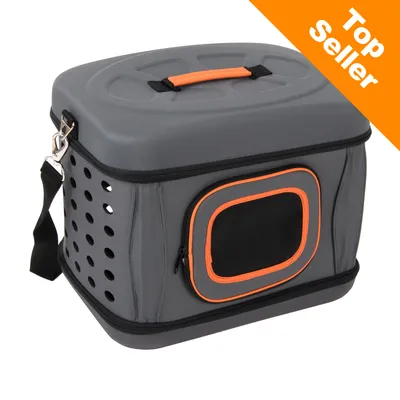 Šedý přepravní box s oranžovým madlem a síťovaným okénkem, popruh na nošení, nápis Top Seller v rohu Šedý přepravní box s oranžovým madlem a síťovaným okénkem, popruh na nošení, nápis Top Seller v rohu