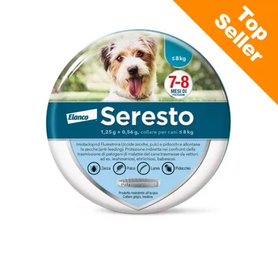 Seresto Elanco collare per cani ≤8 kg, 7-8 mesi di protezione contro zecche, pulci, larve e pidocchi. Prodotto resistente all’acqua, collare grigio, inodore. Top Seller.
