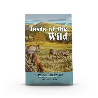 Zak Taste of the Wild Appalachian Valley, Small Breed Canine Formula met venison en garbanzo beans, graanvrij dieet. Tekst in het Engels zichtbaar op de verpakking.