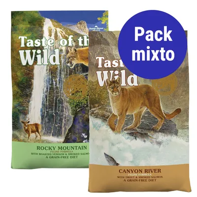 Pack mixto Taste of the Wild: Rocky Mountain y Canyon River, comida para gatos. Texto visible en inglés sobre ingredientes y dieta sin cereales.