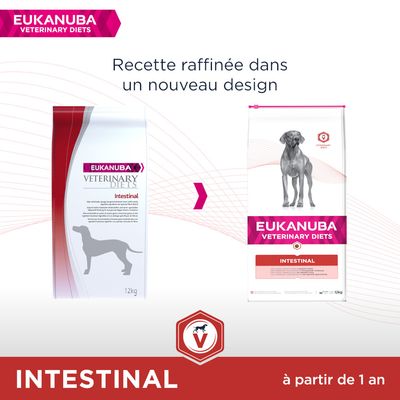 Comparaison de deux sacs Eukanuba Veterinary Diets Intestinal 12 kg pour chiens, ancien et nouveau design. Texte visible : recette raffinée dans un nouveau design, à partir de 1 an.