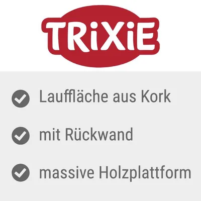 TRIXIE. Lauffläche aus Kork, mit Rückwand, massive Holzplattform. Texte en allemand.