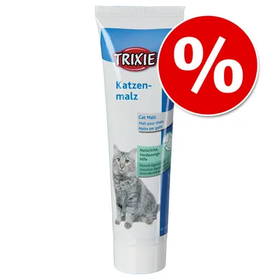 TRIXIE Katzenmalz -tahna kissoille, teksti: Cat Malt, Natürliche Verdauungshilfe. Suuri punainen prosenttimerkki alennuksesta. TRIXIE Katzenmalz -tahna kissoille, teksti: Cat Malt, Natürliche Verdauungshilfe. Suuri punainen prosenttimerkki alennuksesta.