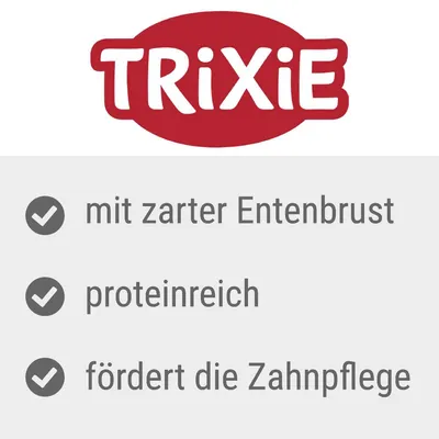 TRIXIE, texte en allemand : mit zarter Entenbrust, proteinreich, fördert die Zahnpflege