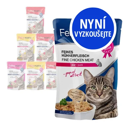 Feline Porta 21 kapsičky pro kočky, různé příchutě. Velký balíček s nápisem FEINES HÜHNERFLEISCH FINE CHICKEN MEAT, modré kolečko s textem NYNÍ VYZKOUŠEJTE.