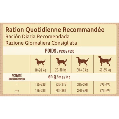Tabla de ración diaria recomendada para perros según peso: 10–20 kg, 20–30 kg, 30–40 kg, 40–55 kg y nivel de actividad; cantidades en gramos indicadas para cada caso.