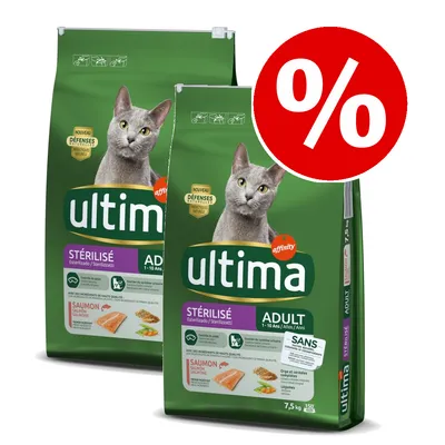 Duas embalagens de ração para gatos esterilizados Ultima Adulto, salmão, 7,5 kg, com destaque promocional de percentagem em vermelho.