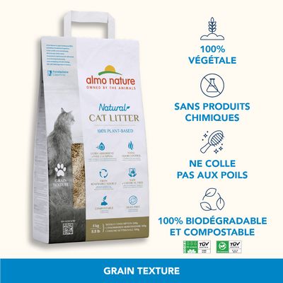 Sac de litière pour chat almo nature Natural Cat Litter 100 % végétale, sans produits chimiques, ne colle pas aux poils, 100 % biodégradable et compostable, grain texture, 4 kg