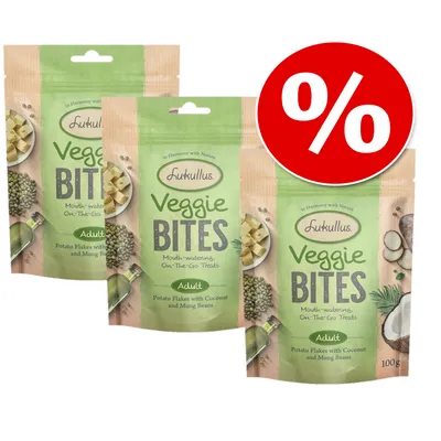 Lukullus Veggie Bites Adult. Kartoffelflocken mit Kokosnuss und Mungbohnen, 100g. Rabattzeichen in Rot mit Prozent-Symbol.