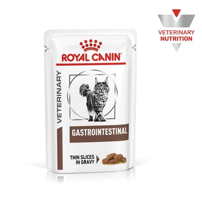 Veterinary gastrointestinal food pouch, thin slices in gravy, with veterinary nutrition label visible.