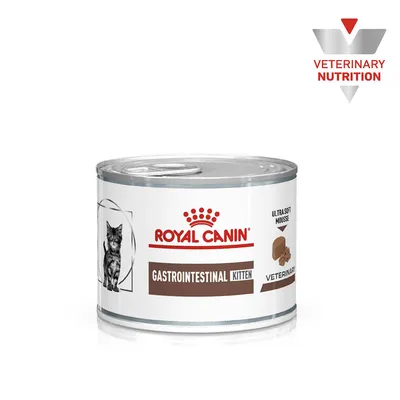 Tin labelled Royal Canin Gastrointestinal Kitten, ultra soft mousse, veterinary nutrition. Includes image of a kitten and food texture illustration.