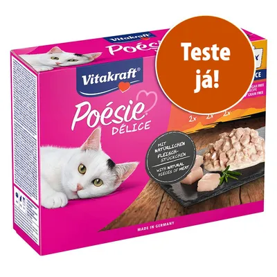 Vitakraft Poésie Délice, embalagem de comida húmida para gatos com imagem de gato branco e pedaços de carne. Texto visível: 'Teste já!', 'Mit natürlichen Fleischstückchen', 'With natural pieces of meat'. Vitakraft Poésie Délice, embalagem de comida húmida para gatos com imagem de gato branco e pedaços de carne. Texto visível: 'Teste já!', 'Mit natürlichen Fleischstückchen', 'With natural pieces of meat'.