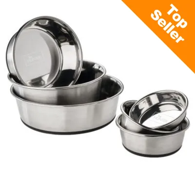 Boluri din inox de diferite mărimi, cu bază antiderapantă, inscripție Trixie vizibilă pe interior. Colț dreapta sus: Top Seller pe fundal portocaliu. Boluri din inox de diferite mărimi, cu bază antiderapantă, inscripție Trixie vizibilă pe interior. Colț dreapta sus: Top Seller pe fundal portocaliu.