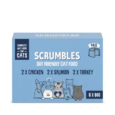 Scrumbles gut friendly cat food, complete wet food for cats. Contains 2 chicken, 2 salmon, 2 turkey pouches. Pâté texture. Pack size: 6 x 80g.