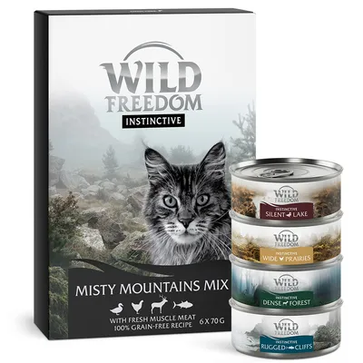 Wild Freedom Instinctive Misty Mountains Mix, 6 x 70 g. Blikjes: Silent Lake, Wide Prairies, Dense Forest, Rugged Cliffs. Met vers spiervlees, graanvrij recept zichtbaar op verpakking.