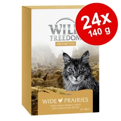 Wild Freedom Instinctive Wide Prairies, 24 x 140 g. Bild på förpackning med kattmotiv och text: 'With fresh muscle meat, 100% grain-free recipe'.