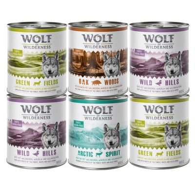 Sześć puszek karmy Wolf of Wilderness: Green Fields, Oak Woods, Wild Hills, Arctic Spirit. Widoczne napisy 100% grain-free, każda puszka 800 g.