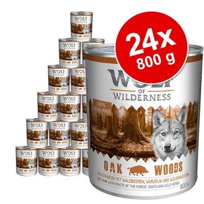 Wolf of Wilderness Oak Woods koiran märkäruoka, 24 x 800 g tölkkiä. Etiketissä teksti: 100% grain-free, villisika metsämarjoilla, juurilla ja yrteillä.