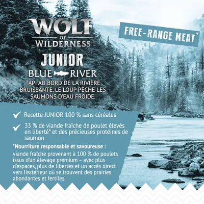 Wolf of Wilderness Junior Blue River, recette 100 % sans céréales, 33 % de poulet élevé en liberté, protéines de saumon, viande fraîche premium, texte en anglais : Free-Range Meat.
