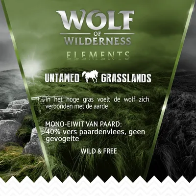 Wolf of Wilderness Elements Untamed Grasslands. Mono-eiwit van paard: 40% vers paarden­vlees, geen gevogelte. In het hoge gras voelt de wolf zich verbonden met de aarde. Wild & Free.