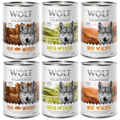Sparpaket Wolf of Wilderness Adult Single Protein 24 x 400 g Mix (Lamm, Ente, Wildschwein)