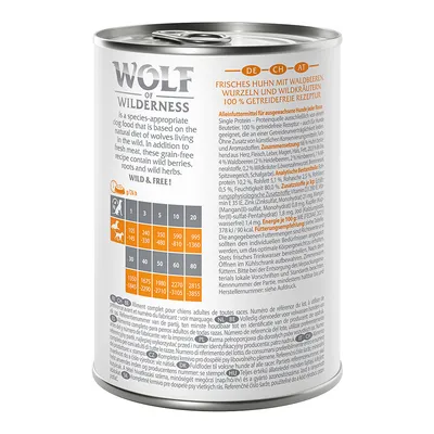 Wolf of Wilderness lattina di cibo umido. Pollo fresco con frutti di bosco, radici ed erbe selvatiche. Ricetta 100% senza cereali. Dose giornaliera consigliata per cani 1-5kg: 145-590g.