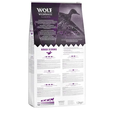 Vreća hrane za pse Wolf of Wilderness Elements Rough Storms, 12 kg. Vidljiv tekst: 'Rough Storms', 'Wolf of Wilderness Elements', tablica preporučene dnevne količine prema težini psa.
