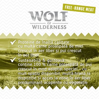 Wolf of Wilderness. Free-range meat. Proteine de înaltă calitate: carne proaspătă de miel și pui crescuți în aer liber. Sustenabilă & gustoasă: 100% carne proaspătă de pui crescut adaptat speciei.