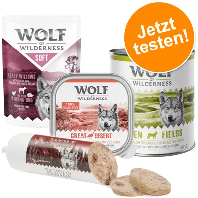 Wolf of Wilderness – assortiment de nourriture pour chien : sachet Leafy Willows, barquette Great Desert, boîte Green Fields, boudin The Taste of Canada. Pastille orange : Jetzt testen!