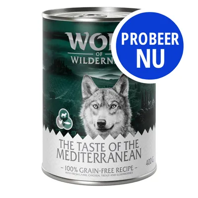 Blik Wolf of Wilderness The Taste of the Mediterranean, 100% graanvrij recept met lam, kip, forel en vlierbessen, 400 g. Blauwe cirkel met tekst: Probeer nu.