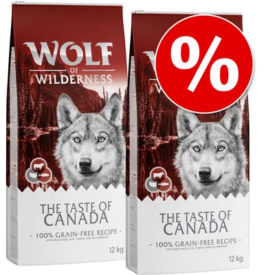 Wolf of Wilderness The Taste of Canada, 100 % grain-free recipe, 12 kg koiranruokapakkaus, tarjousmerkintä prosenttimerkillä