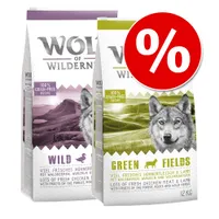 Wolf of Wilderness -säästösekoitus 2 x 12 kg - mix: Green Fields + Wild Hills