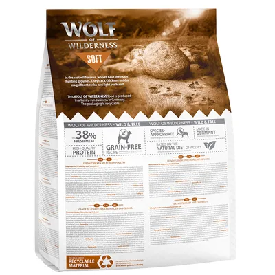 Wolf of Wilderness Soft krmivo pro psy, 38 % čerstvého masa, bez obilovin, přirozená receptura, vyrobeno v Německu, obal z recyklovatelného materiálu.