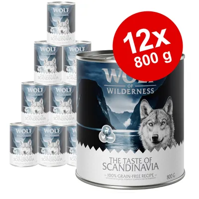Wolf of Wilderness The Taste of Scandinavia, 12x800 g dåser. Tekst: 100% grain-free recipe, with fresh salmon, reindeer, chicken and blueberries. 800 g.