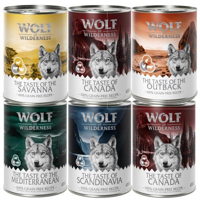 Sparpaket Wolf of Wilderness "Triple Taste" 24 x 400 g Mix (Canada, Scandinavia, Mediterranean, Outback, Savanna)