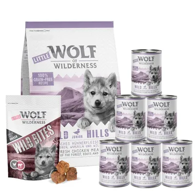 Little Wolf of Wilderness Wild Hills Junior. Getreidefreies Hundefutter mit frischem Hühnerfleisch, Wurzeln und Waldbeeren. Enthält Trockenfutter, Nassfutter und Snacks.