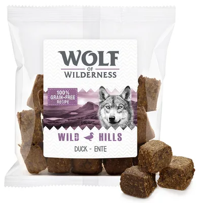 Wolf of Wilderness Wild Hills Duck – Ente, 100% grain-free recipe. Zak met bruine blokjes hondensnack, product en verpakking zichtbaar.