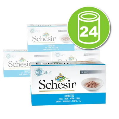 Schesir Tonnetto en gelée, lot de 24 boîtes, chaque boîte contient 6 portions de 50 g. Texte visible : Tuna, Thon, Atún, Atum, Tonijn, Thunfisch, Tyhell. Schesir Tonnetto en gelée, lot de 24 boîtes, chaque boîte contient 6 portions de 50 g. Texte visible : Tuna, Thon, Atún, Atum, Tonijn, Thunfisch, Tyhell.