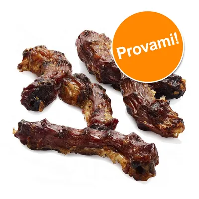 Snack per cani a forma di colli essiccati, con bollino arancione e testo 'Provami!'.