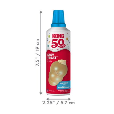 KONG 50 Easy Treat för hundar, födelsedagsrecept, 236 ml. Mått: 19 cm hög, 5,7 cm i diameter. Tillverkad i USA.
