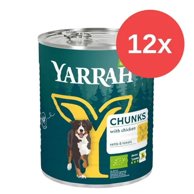 Konzerva Yarrah Chunks with chicken, nettle & tomato, 12x. Na obalu pes, zelené pozadí, označení Bio a Beter Leven 3 hvězdy.