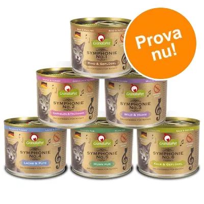 GranataPet Symphonie våtfoder för katter, sex burkar med olika sorter. Orange cirkel med texten 'Prova nu!'.
