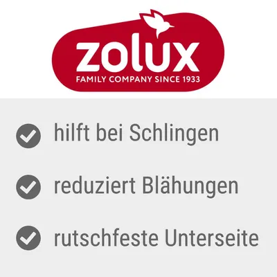 Zolux. Ajută la prevenirea înghițirii rapide, reduce balonarea, bază antiderapantă.