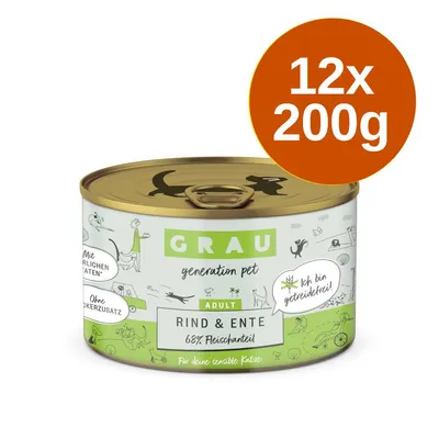 Konzerva GRAU generation pet Adult Rind & Ente, 68 % Fleischanteil, bez obilovin, 12×200 g. Text na obalu: Mit natürlichen Zutaten, Ohne Zuckerzusatz, Ich bin getreidefrei!