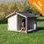 Caseta de madera para perro en jardín, techo a dos aguas y suelo elevado. Esquina superior derecha con texto: Top ventas.