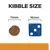 Kibble size comparison showing a round kibble at 11mm next to a blue dice at 16mm for scale.