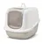 Kattenbak met deksel, scharnierende transparante deur met pootafdruk, handvat bovenop, kunststof materiaal, beige en wit, ventilatieopeningen aan de bovenzijde.