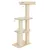 Árvore para gatos com três plataformas almofadadas em bege, postes revestidos a sisal e duas bolas penduradas. Base retangular em madeira clara visível.